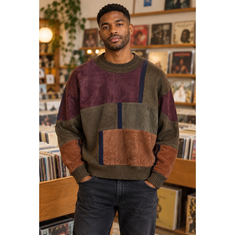 Saxony Collection Mens Vintage Patchwork Leather Knit Sweater Brown Green L
